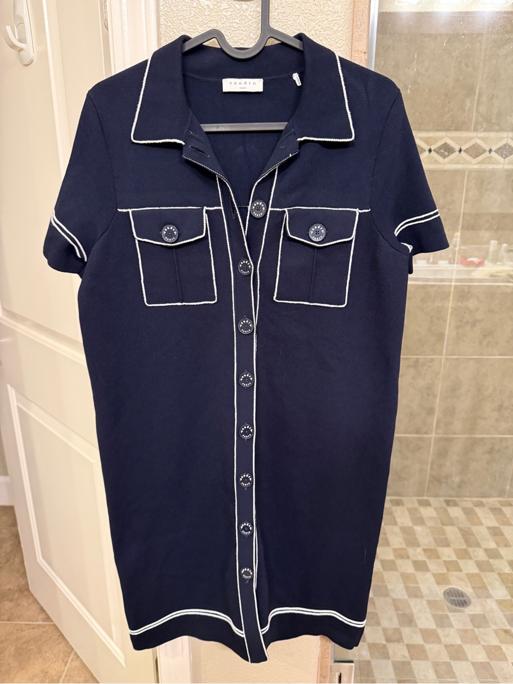 Sandro Navy Midi Shirt Dress with White Piping